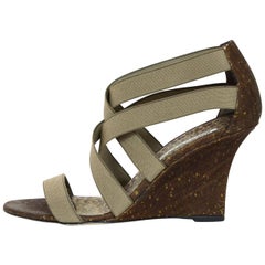 Manolo Blahnik Taupe Strappy Elastic Cork Wedge Sandals Sz 39.5