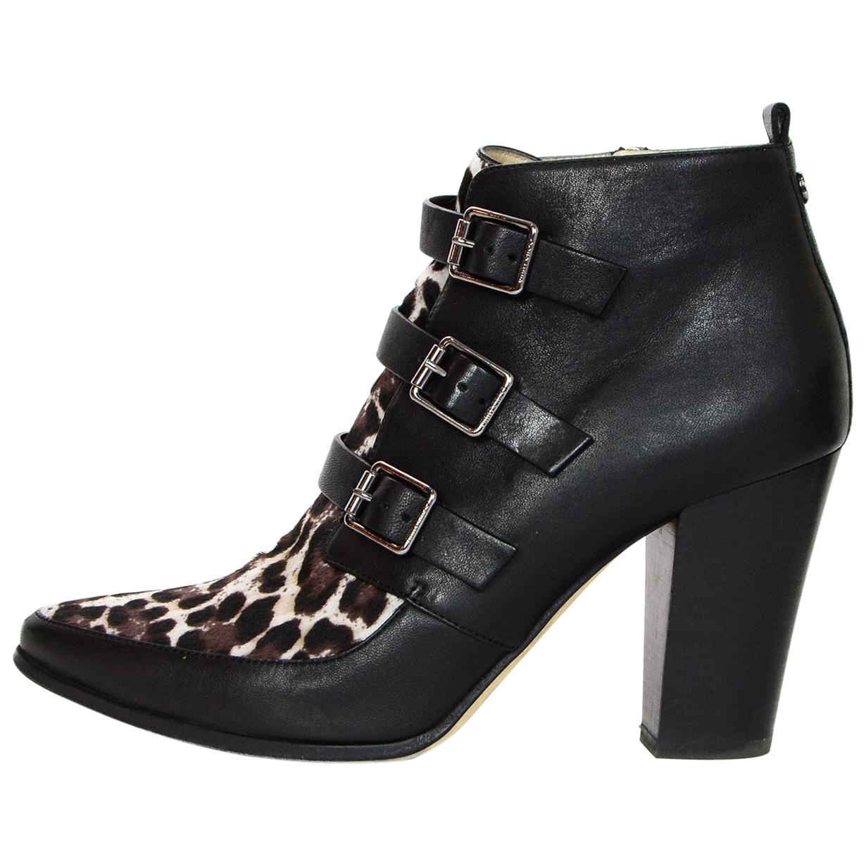 Jimmy Choo Black / Leopard Print Leather and Pony Hair Ankle Boots sz 40.5