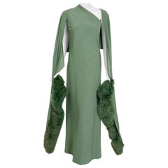 Vintage 1960's Pauline Trigere Seafoam Green Crepe One-Shoulder Gown & Fur Wrap