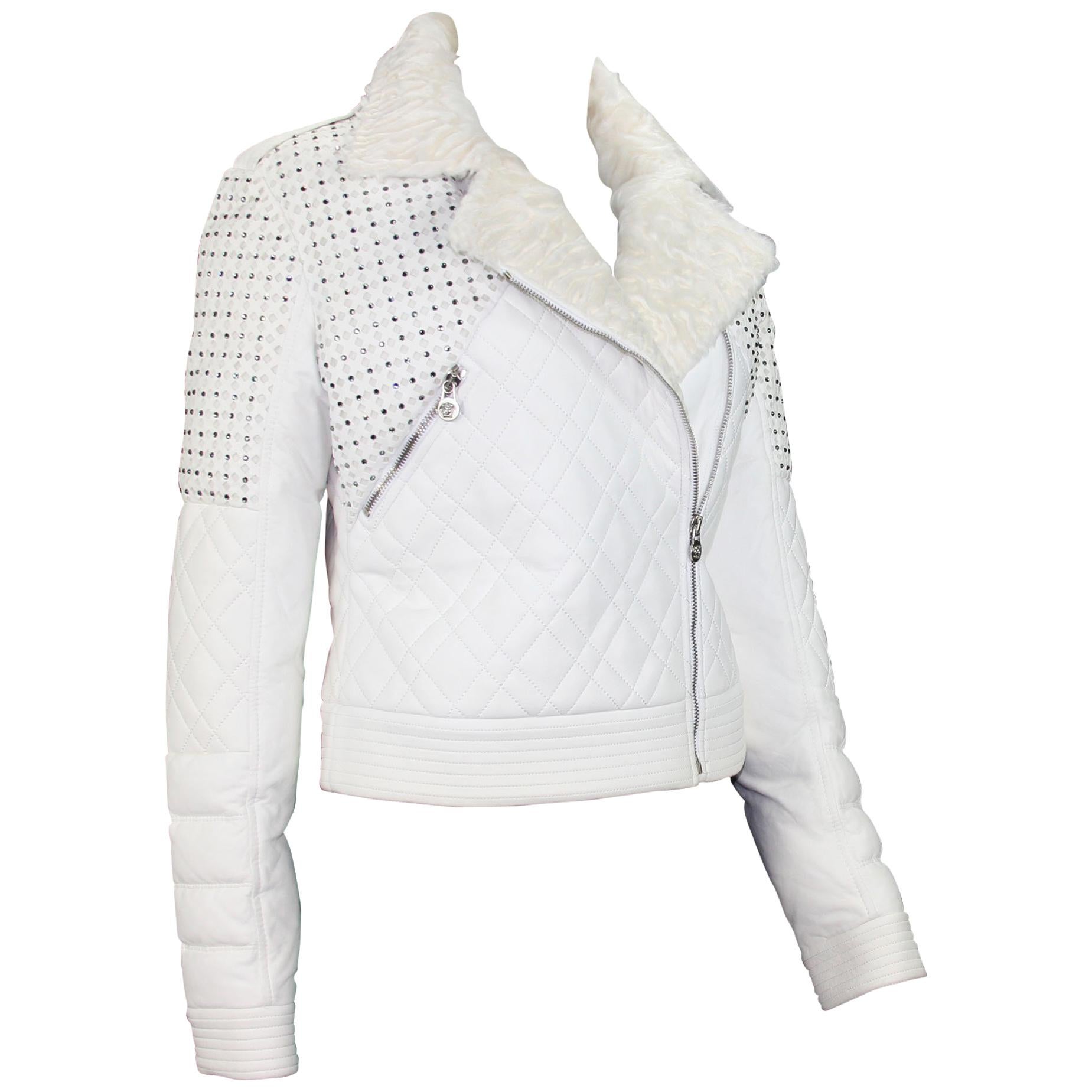 New Versace White Leather Fur Collar Beaded Down Jacket w/ Swarovski Crystals 42 For Sale