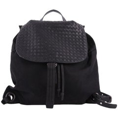 Bottega Veneta Drawstring Flap Backpack Technical Canvas w/ Intrecciato Leather