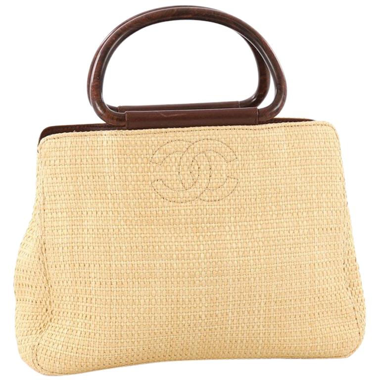 Chanel Vintage Wooden Ring Tote Woven Raffia Medium