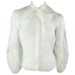 Valentino Cream Silk Organza Lace Panel Bow Blouse