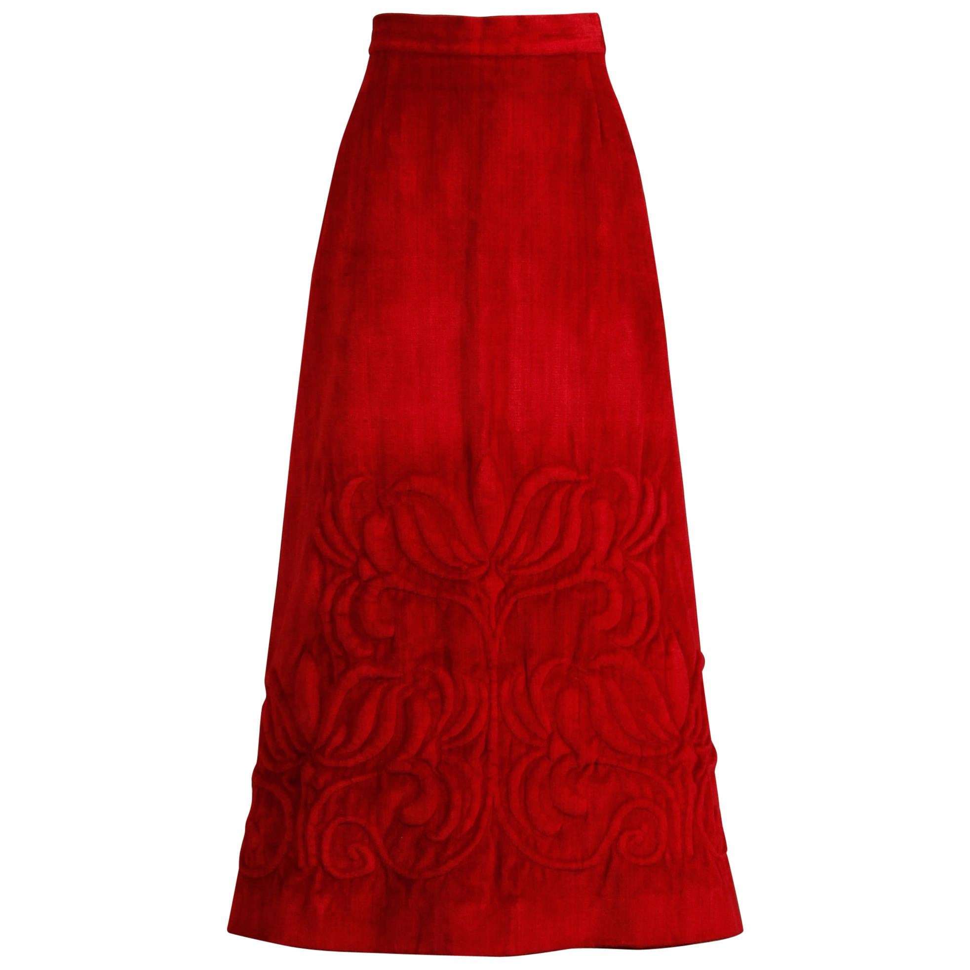 1970s Vintage Heavy Red Velour Maxi Skirt with Quilted Detail