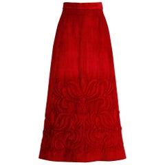 1970s Vintage Heavy Red Velour Maxi Skirt with Quilted Detail