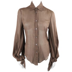 Gucci Brown Sheer Cotton Slit Tied Sleeve Blouse