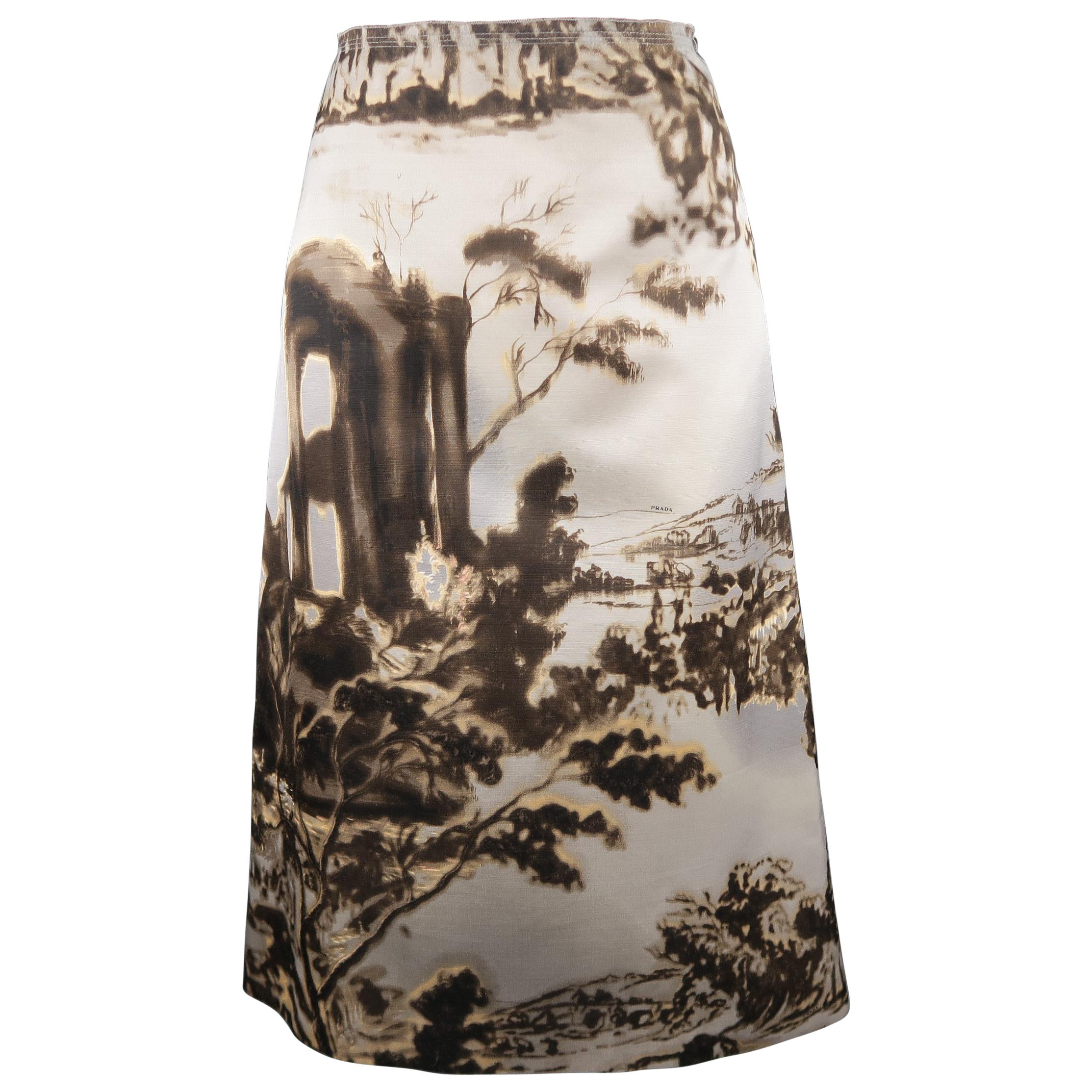 Prada Silver Grey Wool / Silk Landscape Print A Line Skirt
