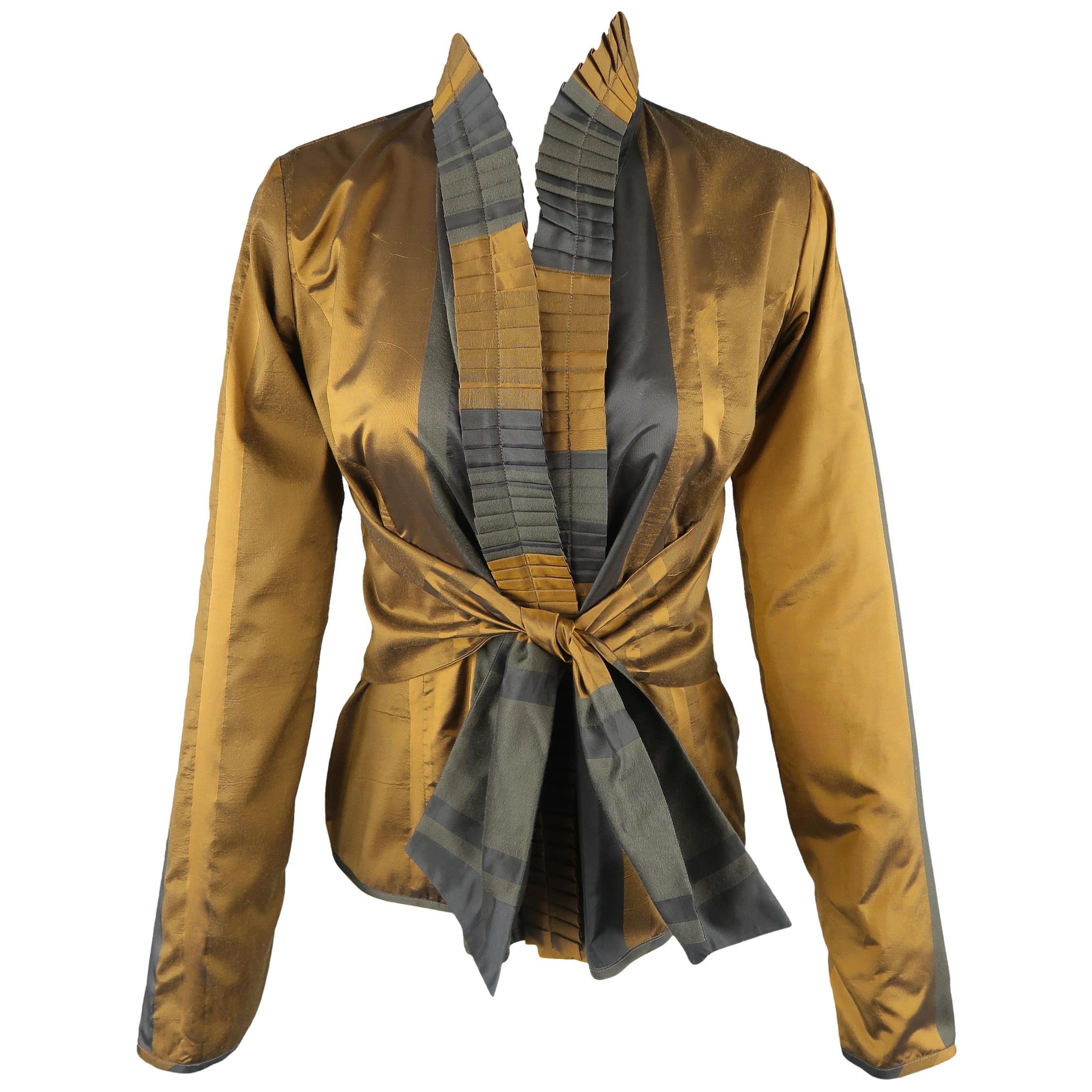 Etro Dark Gold and Teal Silk Wool Taffeta Ruffled Tie Jacket