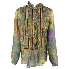 Etro Green Floral Chiffon Velvet Trimmed Ruffle Bib Blouse