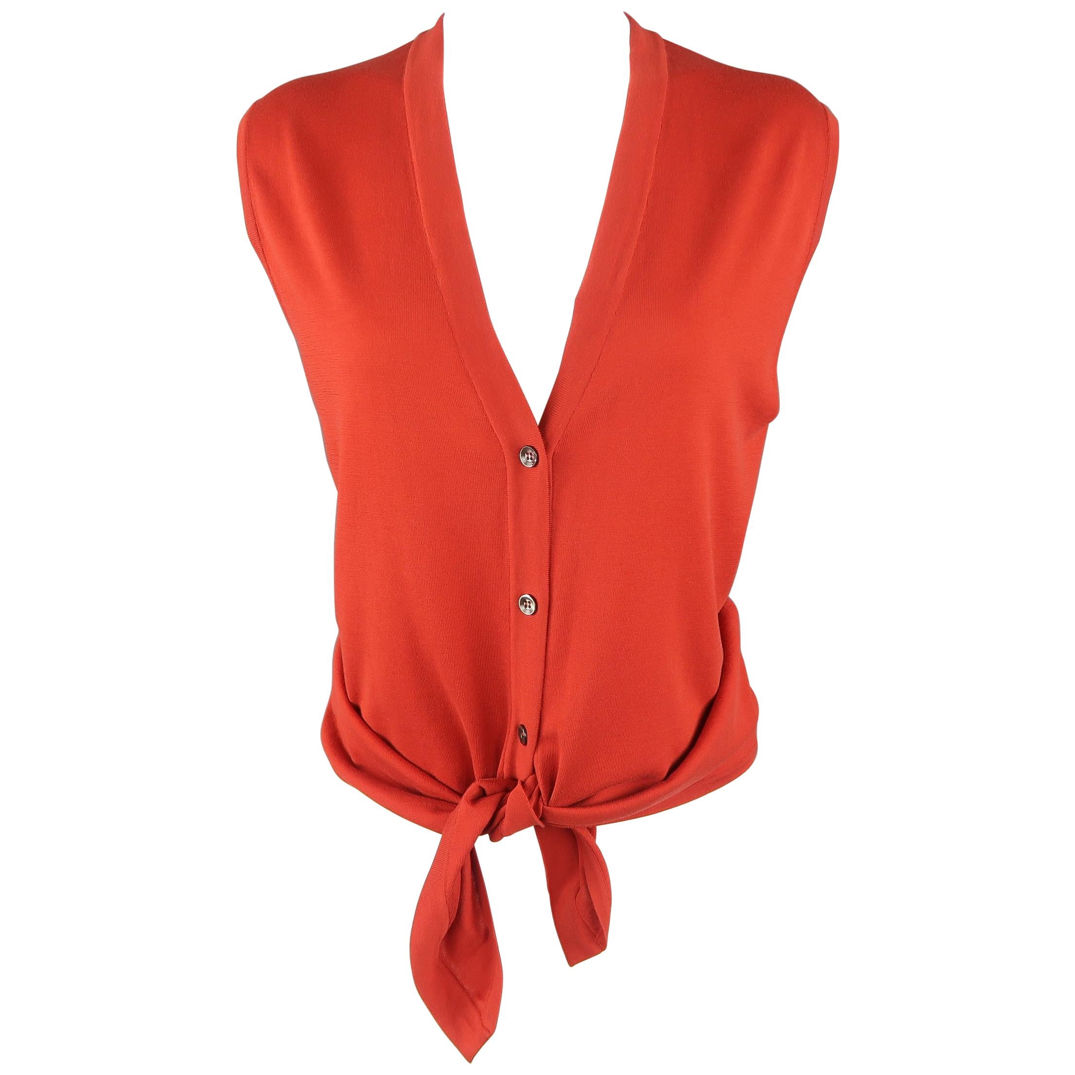HERMES Size L Orange Cotton Knit V-Neck Tie Vest Top Cardigan