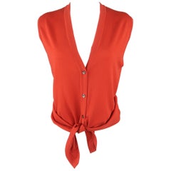 HERMES Size L Orange Cotton Knit V-Neck Tie Vest Top Cardigan