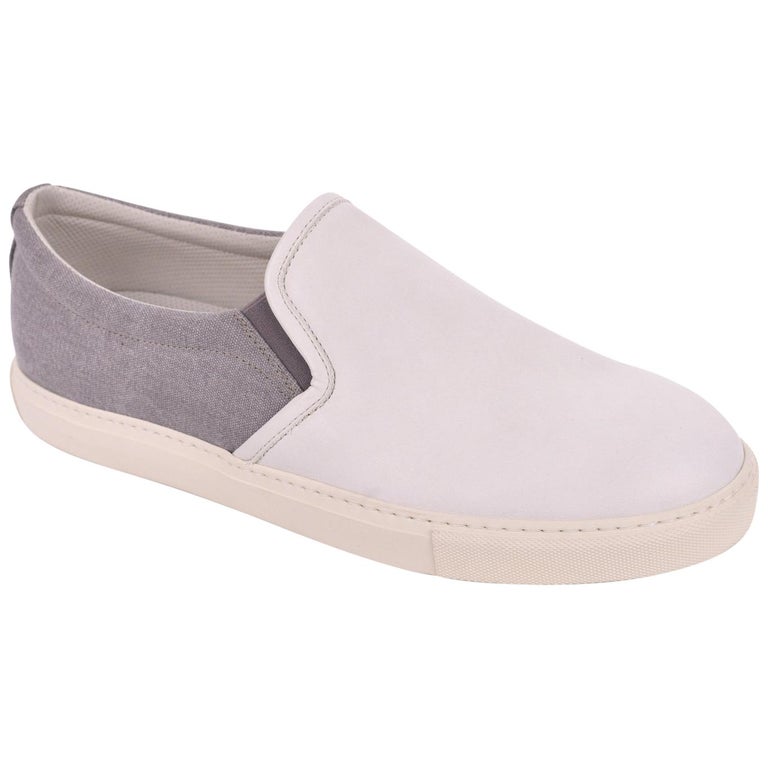 Brunello Cucinelli Light Grey Leather Canvas Slip On Sneakers For Sale ...