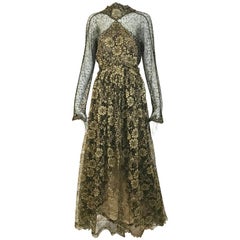 Geoffrey Beene Vintage Gold And Black Metallic Lace Dress 