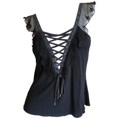 Christian Dior by John Galliano Black Sleeveless Ruffle Top with  Corset Lacing