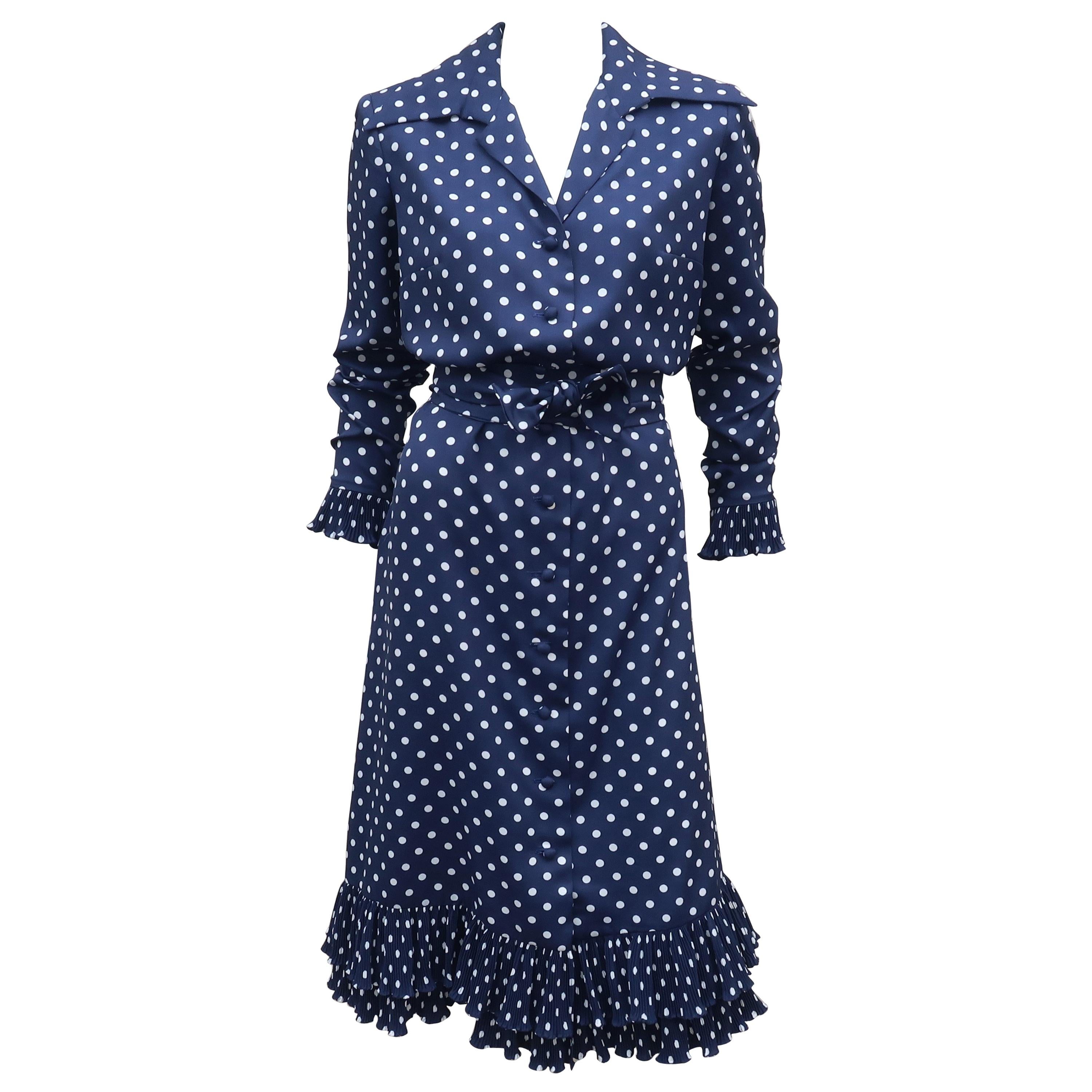 Victor Costa Blue and White Polka Dot Shirt Dress, 1970s For Sale at ...