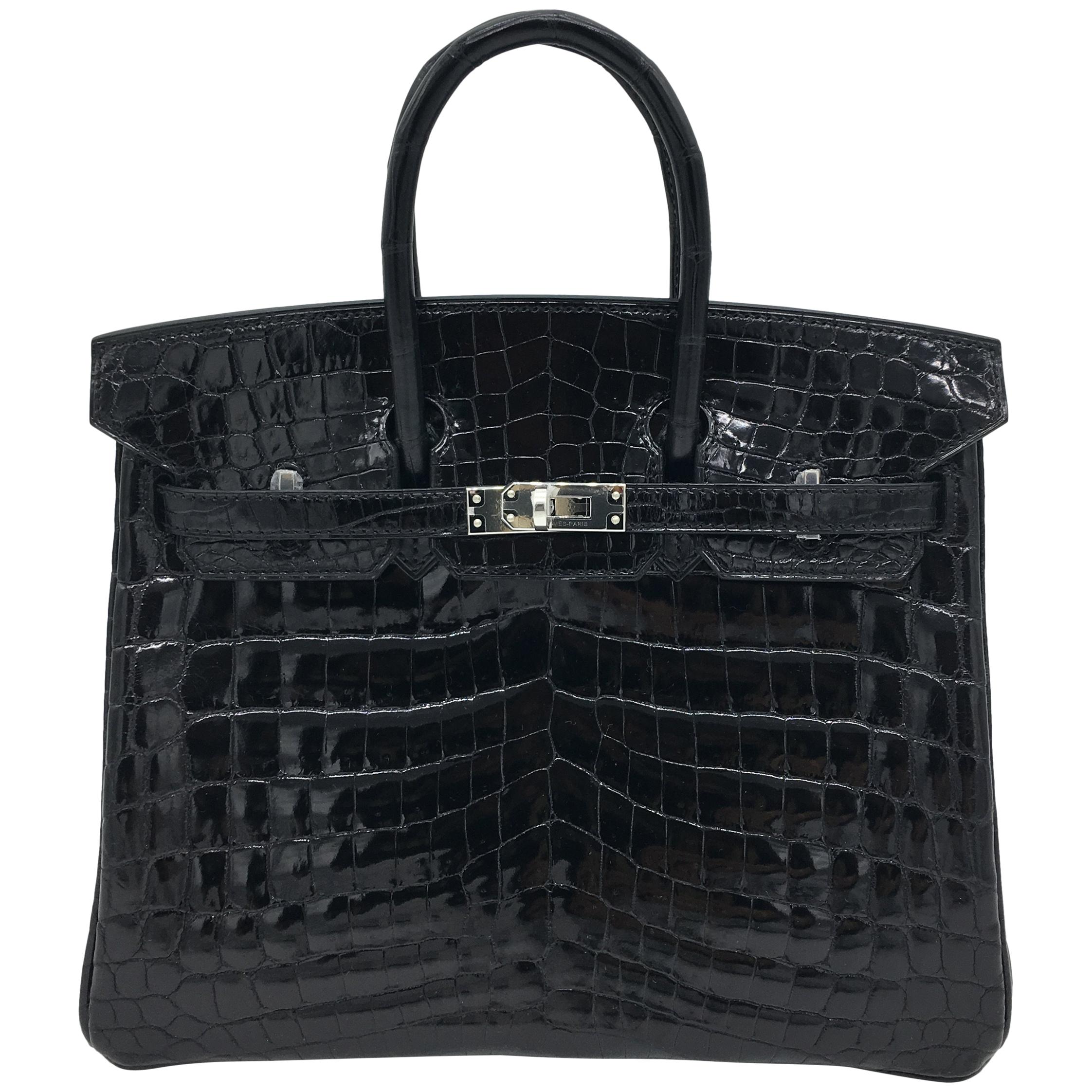 Hermes Black shiny crocodile Birkin 25cm Bag