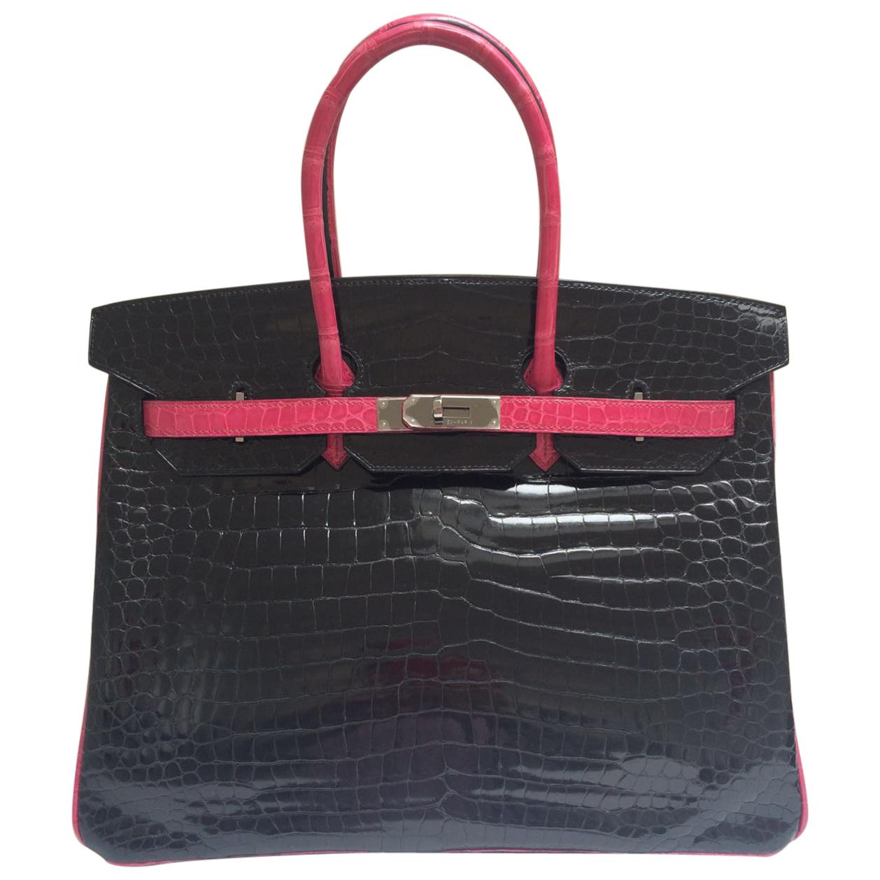 Hermes Black and fuchsia shiny crocodile Birkin 35cm Bag For Sale