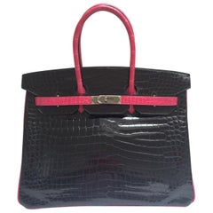 Hermes Black and fuchsia shiny crocodile Birkin 35cm Bag