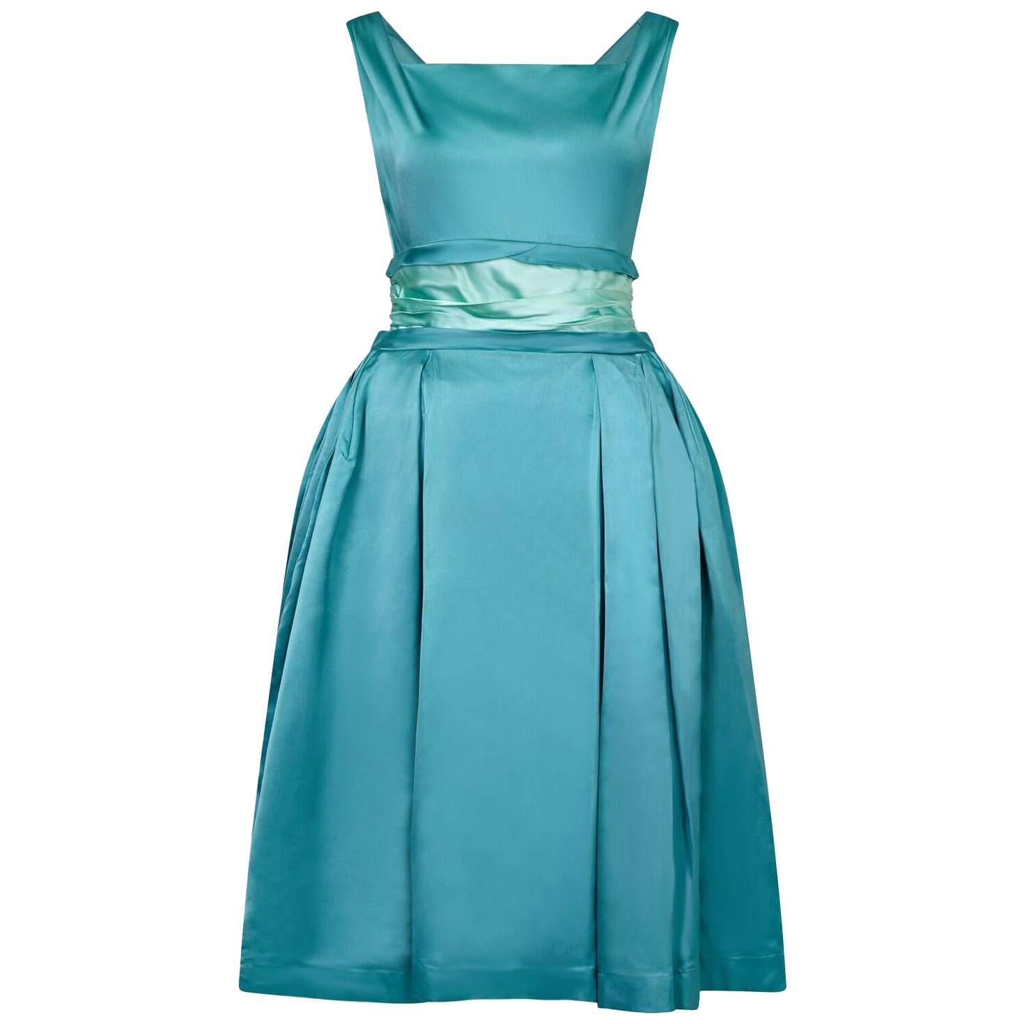 1950s Turquoise Satin Duchess Dress With Corseted Waistband  For Sale