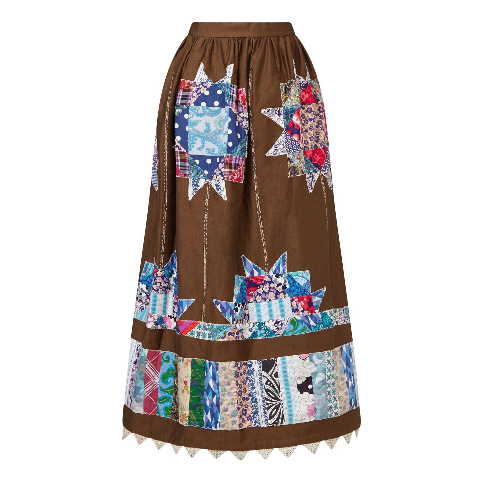Belinda Belville 1970s Brown Cotton Patchwork Peasant Skirt 