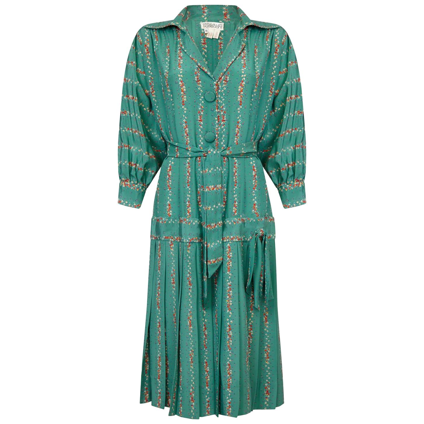 Bellville Sassoon 1970s Silk Flapper Style Floral Dress In Seafoam Green 