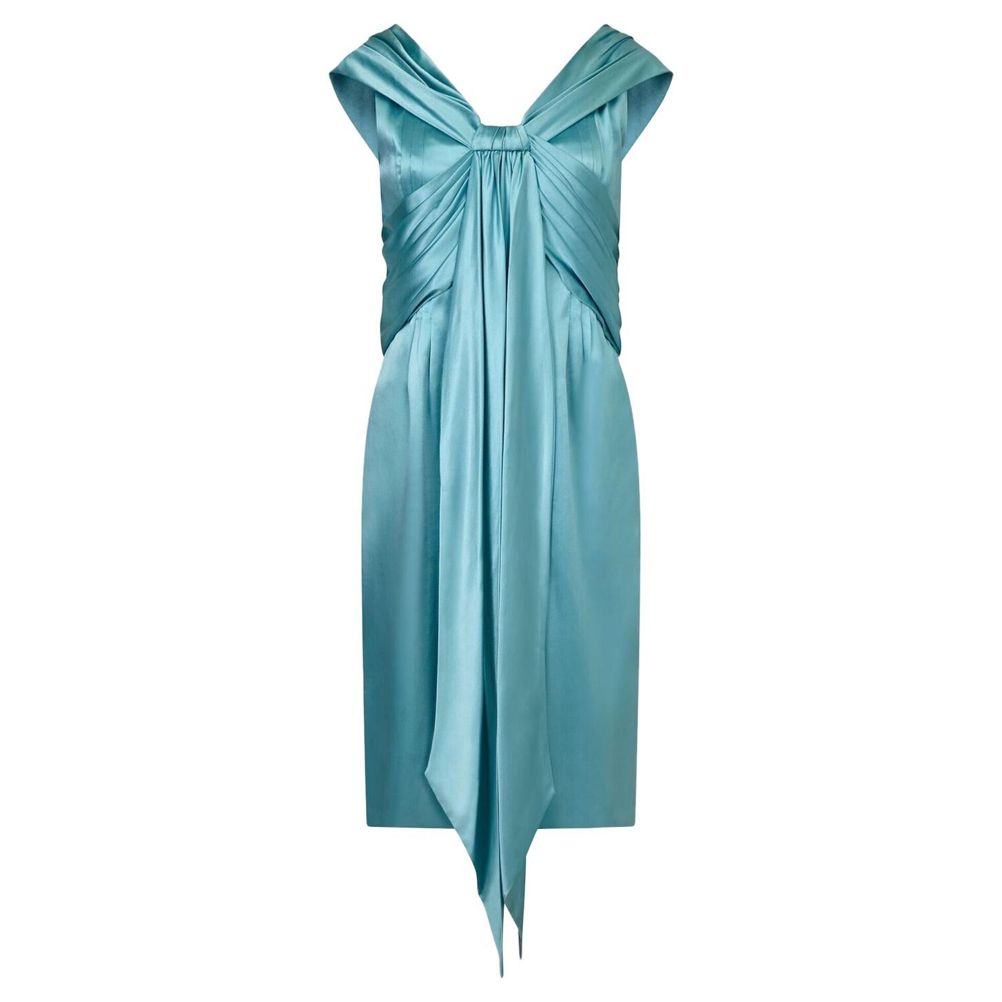 Hardy Amis Couture 1950s Silk Satin Aquamarine Occasion Dress 