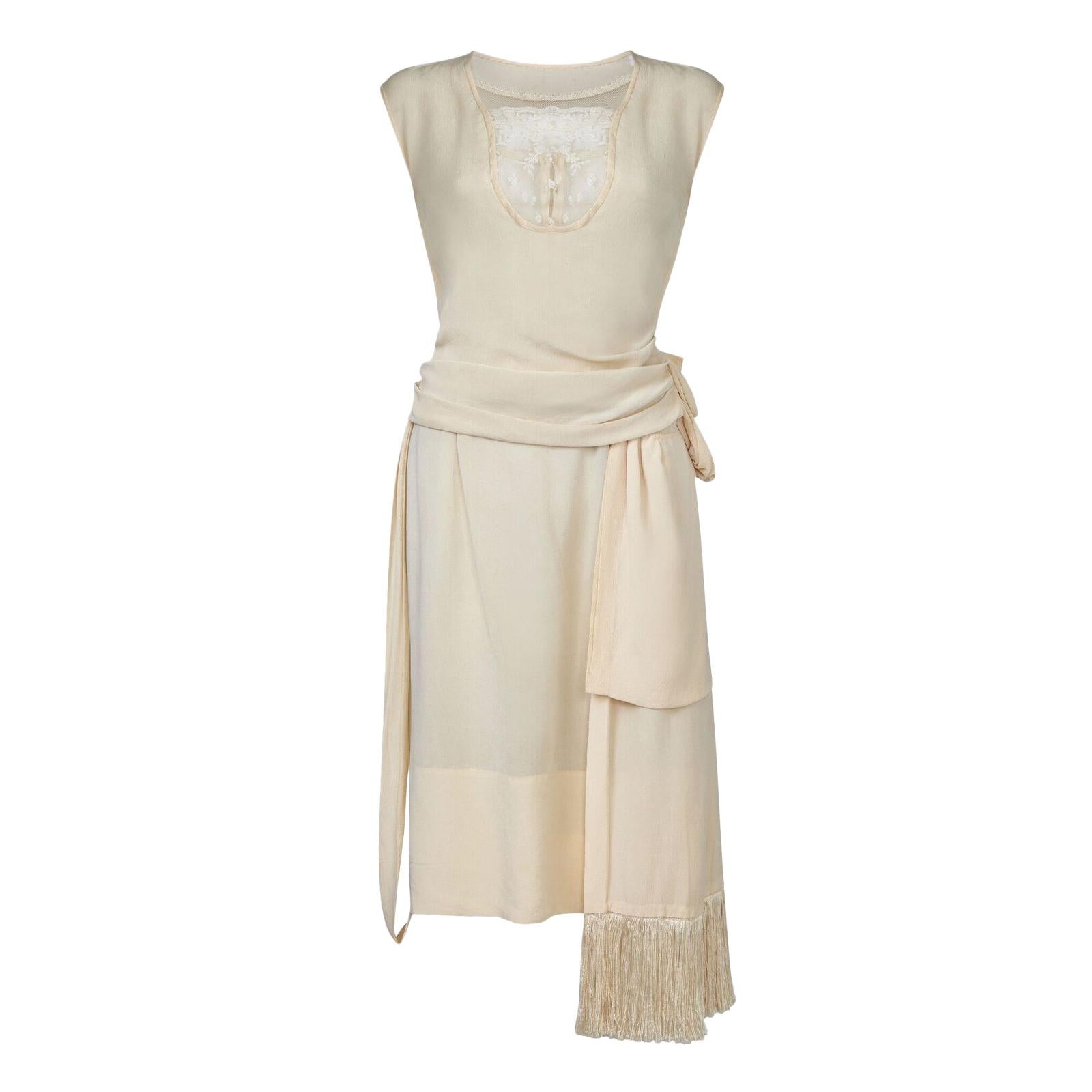 1920s Cream Silk Crepe Flapper Dress With Drop Waist and Lace Inlay