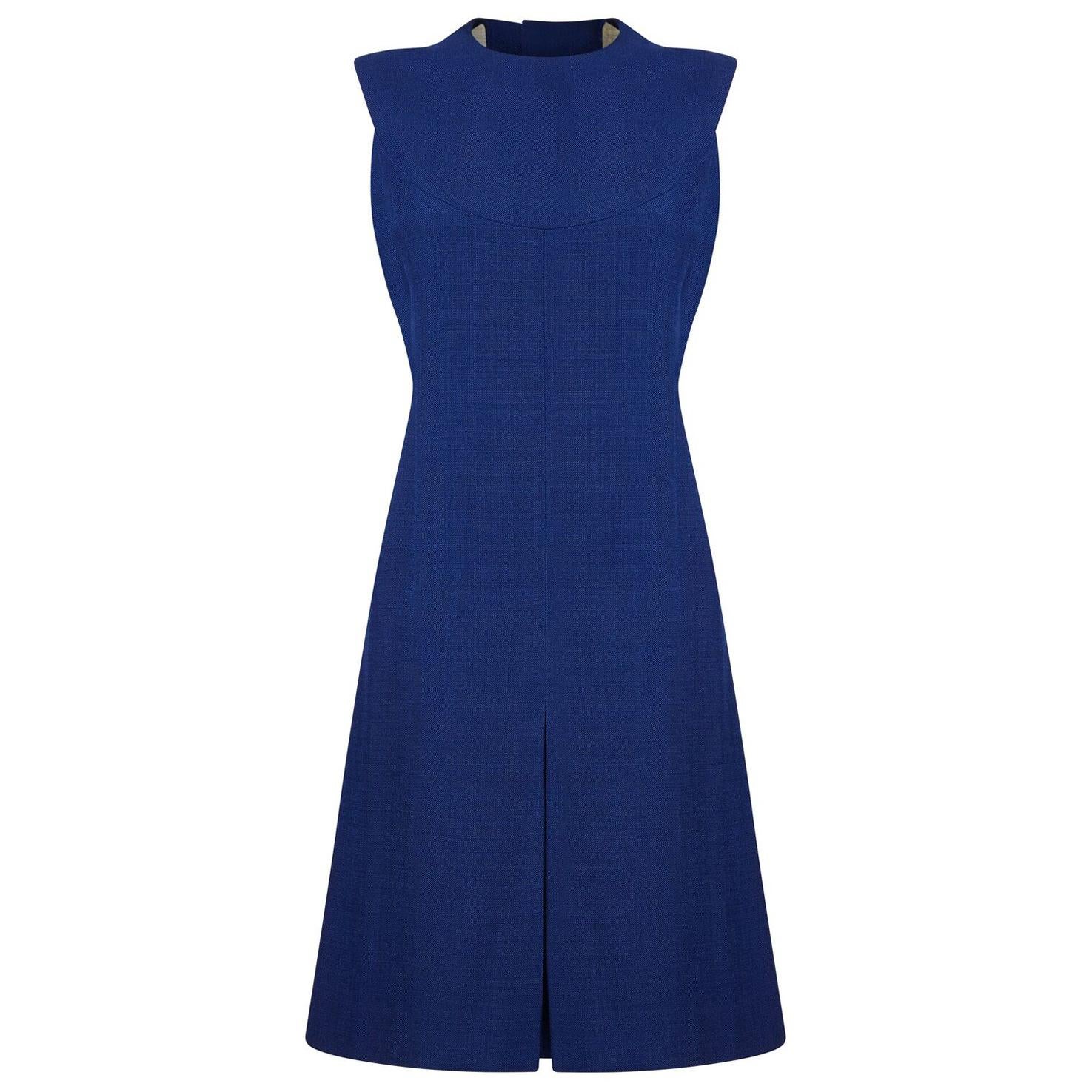 Christian Dior Patron Original Demi Couture 1960s Blue Heavy Linen Mod Dress