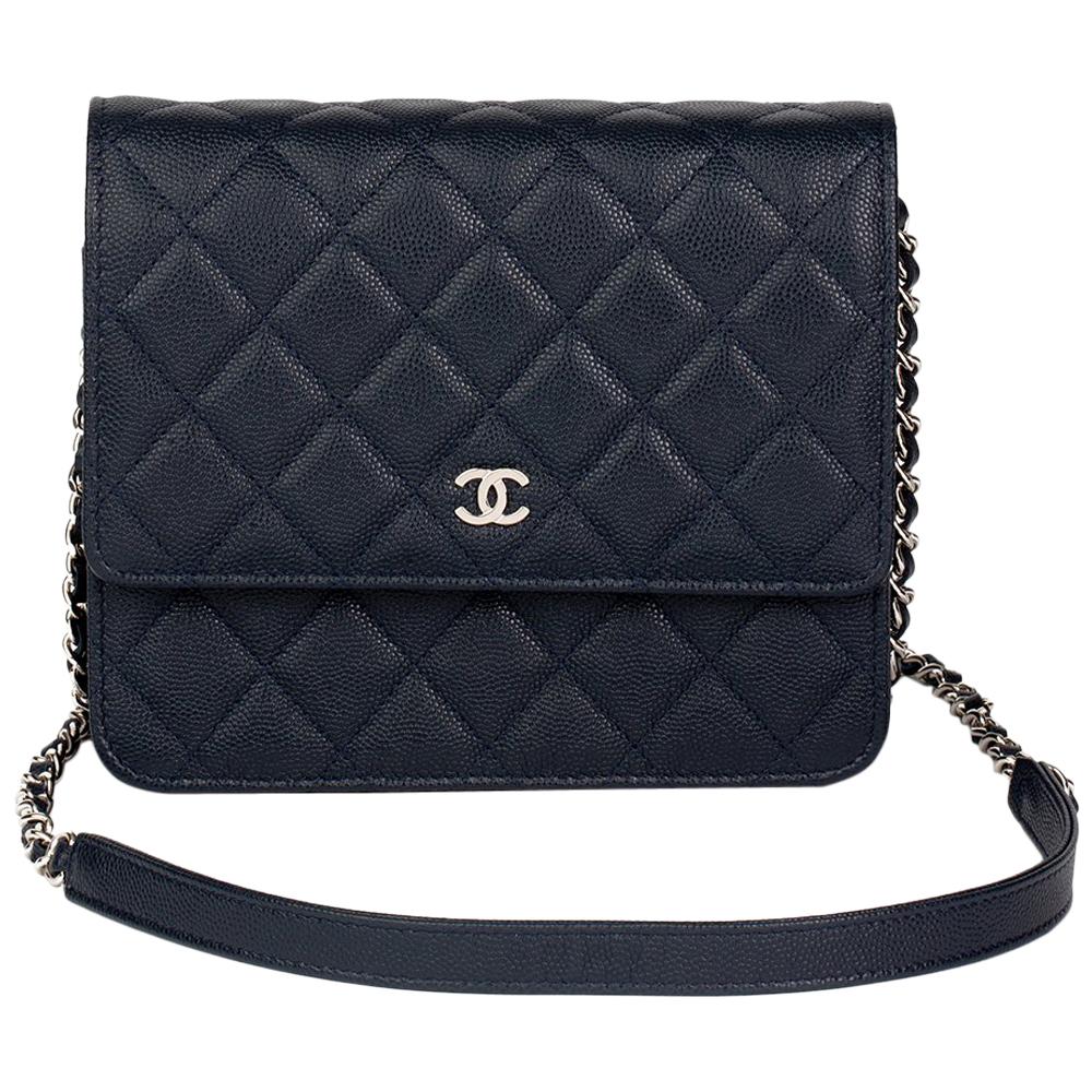 Chanel Navy Quilted Caviar Leather Square Wallet-on-Chain, 2018 