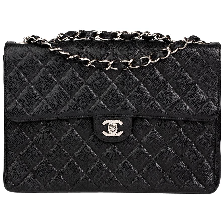 2001 Chanel Black Quilted Caviar Leather Classic Jumbo Flap Bag