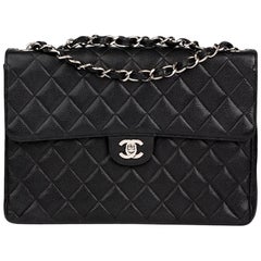 2001 Chanel Black Quilted Caviar Leather Classic Jumbo Flap Bag