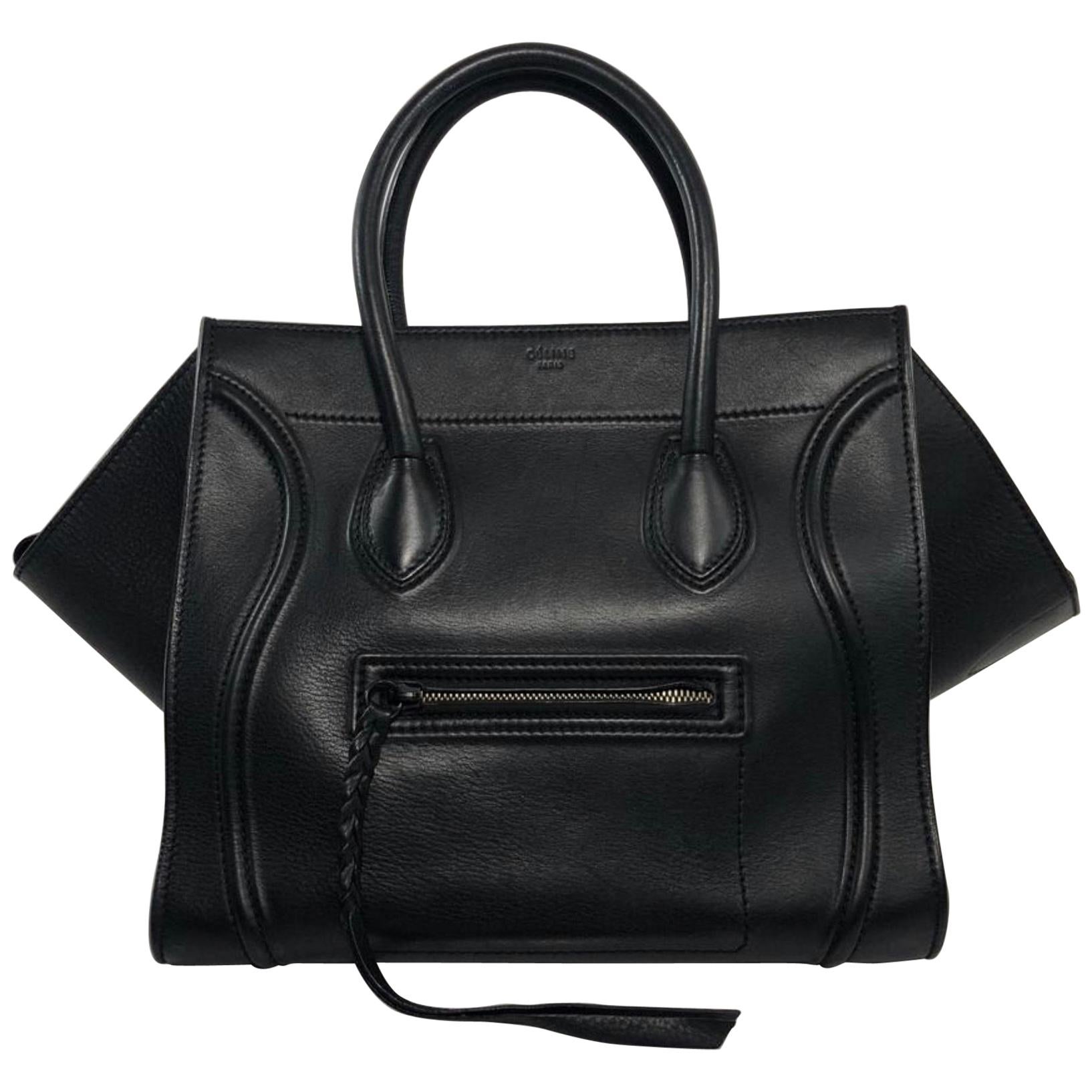 Celine Leather Phantom Medium Black Satchel Tote Handbag