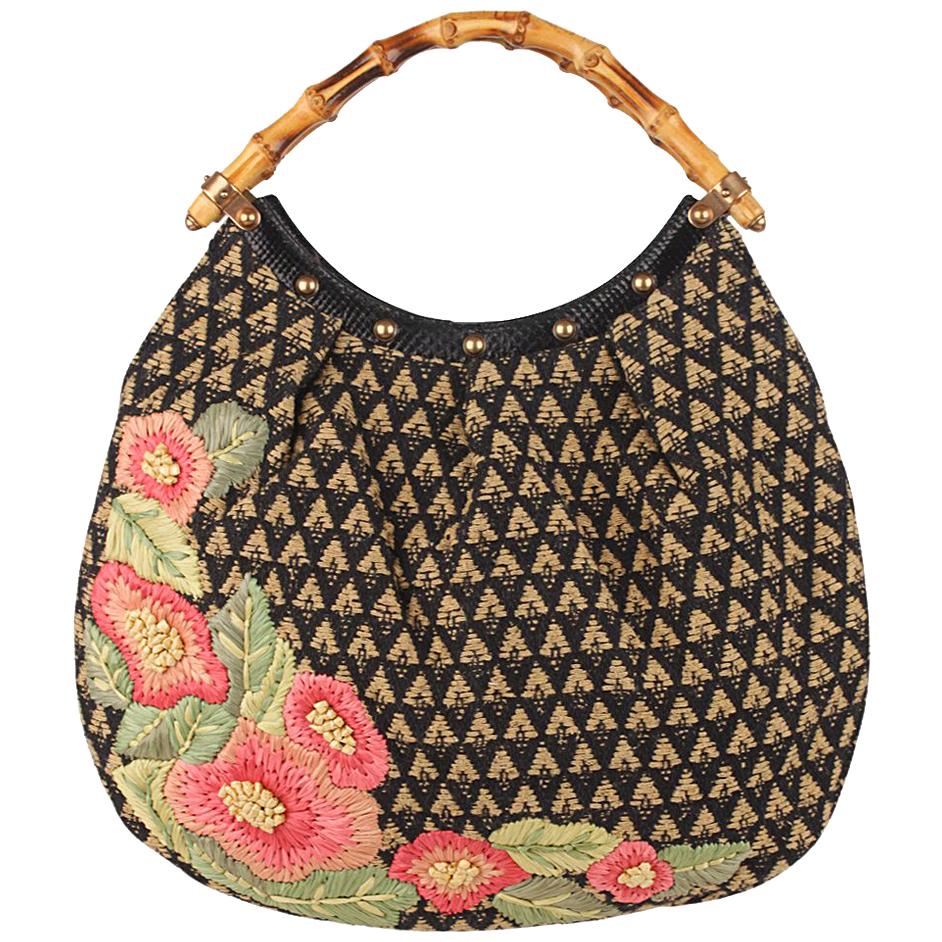 Gucci Limited Edition Raffia Flowers Bamboo Handle Canvas Hobo Bag 