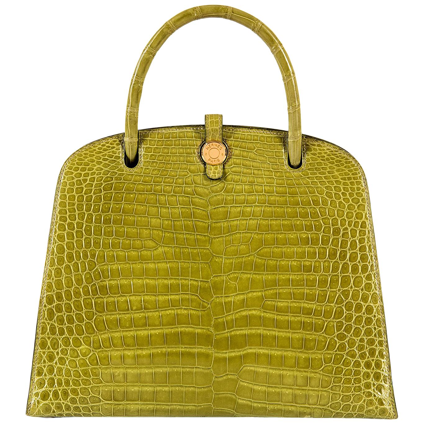 Hermes Crocodile Sac Dalvy Vert Chartreuse with Gold 30cm Bag