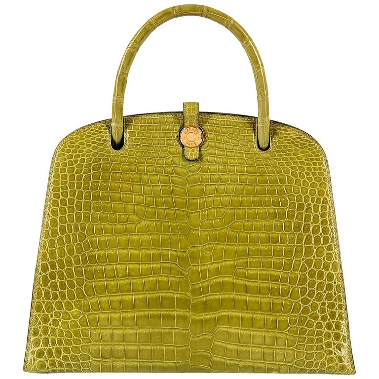 Hermes Crocodile Sac Dalvy Vert Chartreuse with Gold 30cm Bag at