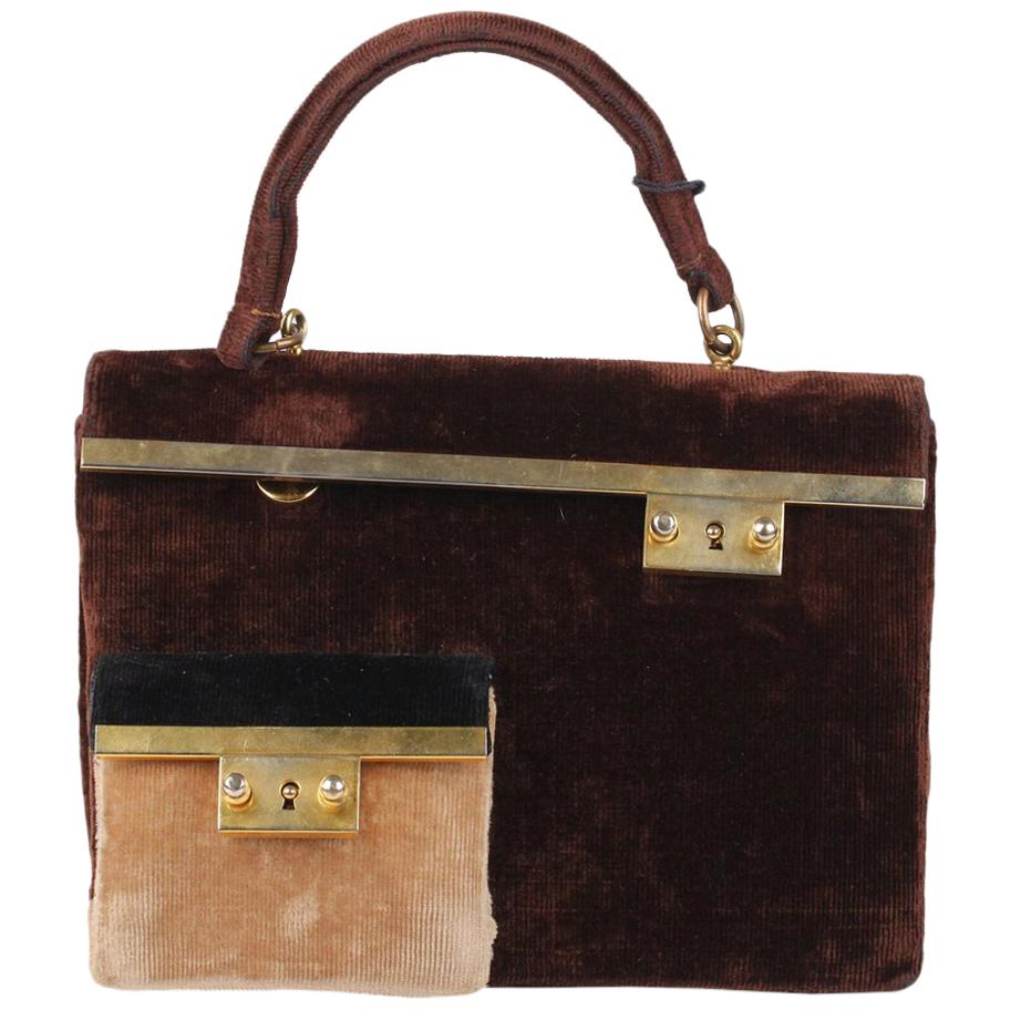 Roberta Di Camerino Vintage Brown Beige Velvet Handbag with Coin Purse