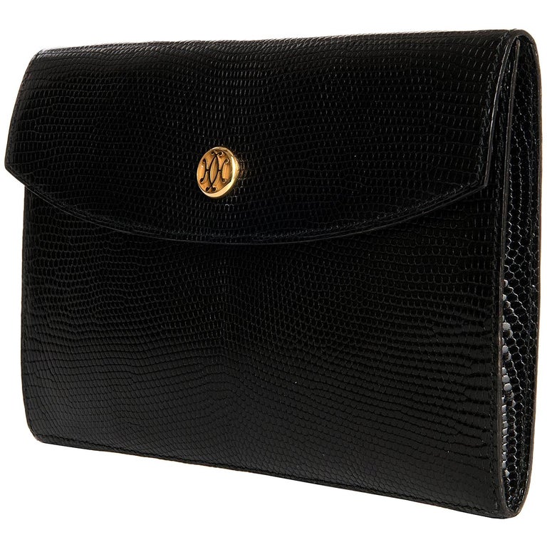 Hermes Vintage Black Lizard Clutch bag with Gold Clasp at 1stDibs