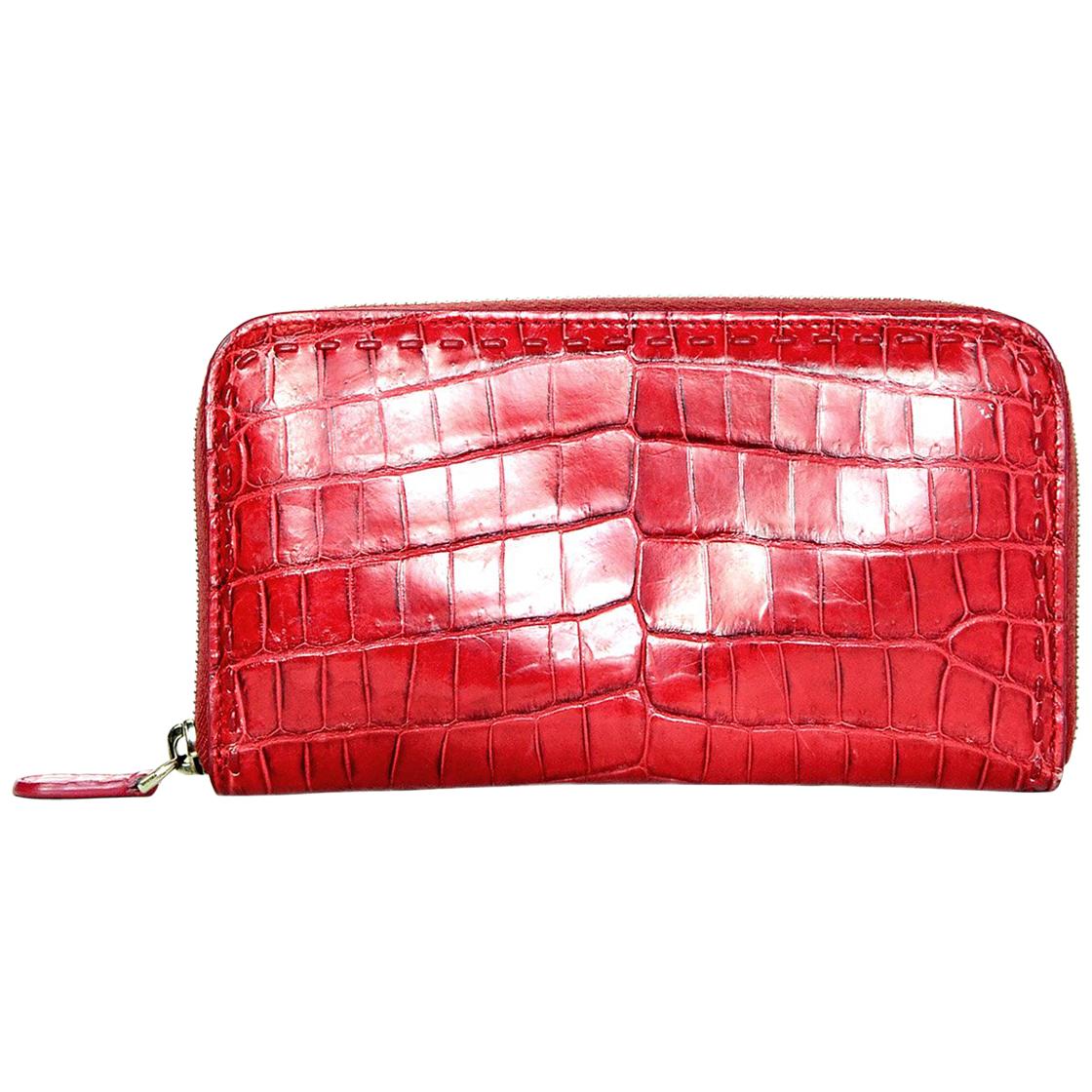 Bottega Veneta China Red Crocodile Zip Around Wallet rt. $2, 900