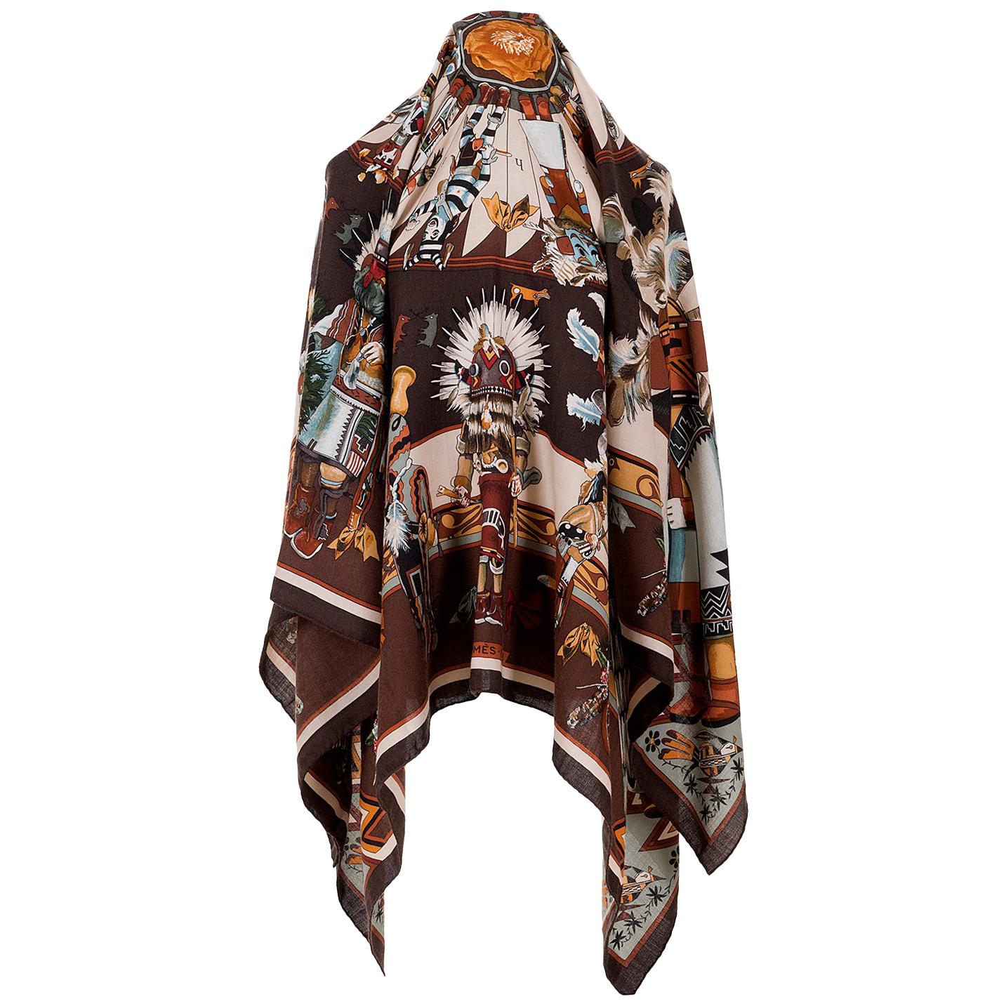 Hermes Vintage Silk and Cashmere Kachinas Shawl by Kermit Oliver