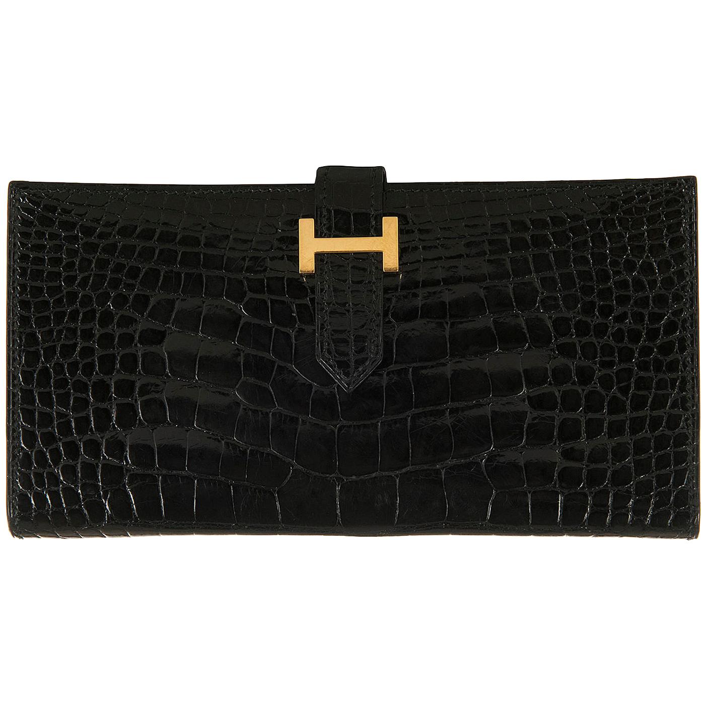 Hermes Vintage Shiny Black  Crocodile "H" Bearn Wallet