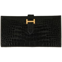 Hermes Vintage Shiny Black  Crocodile "H" Bearn Wallet