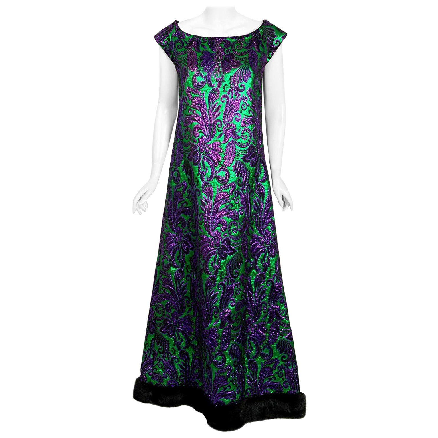 Vintage 1968 Oscar de la Renta for Jane Derby Green Purple Brocade Mink Fur Gown