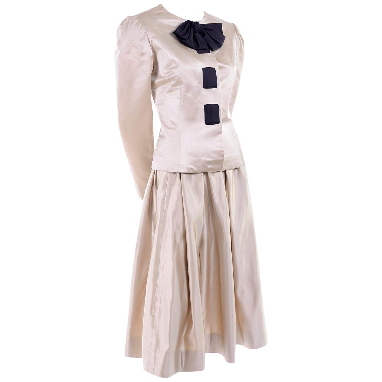 Albert Nipon Early Vintage Rayon Silk Satin 2 Pc Dress Skirt Suit With Black Bow