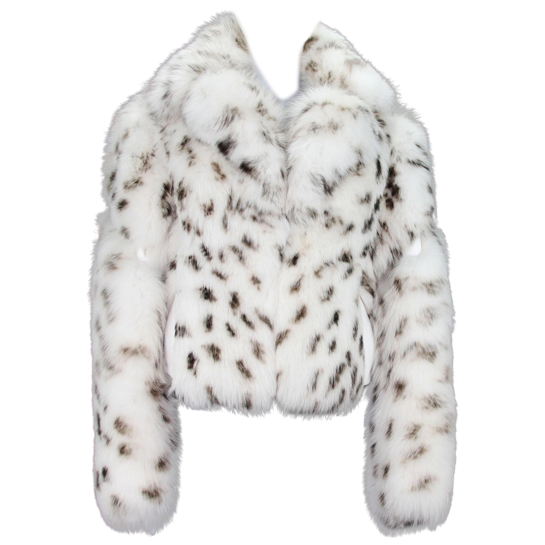 New Versace Women's Real Fox Leather Leopard Print White Fur Jacket 46 For Sale