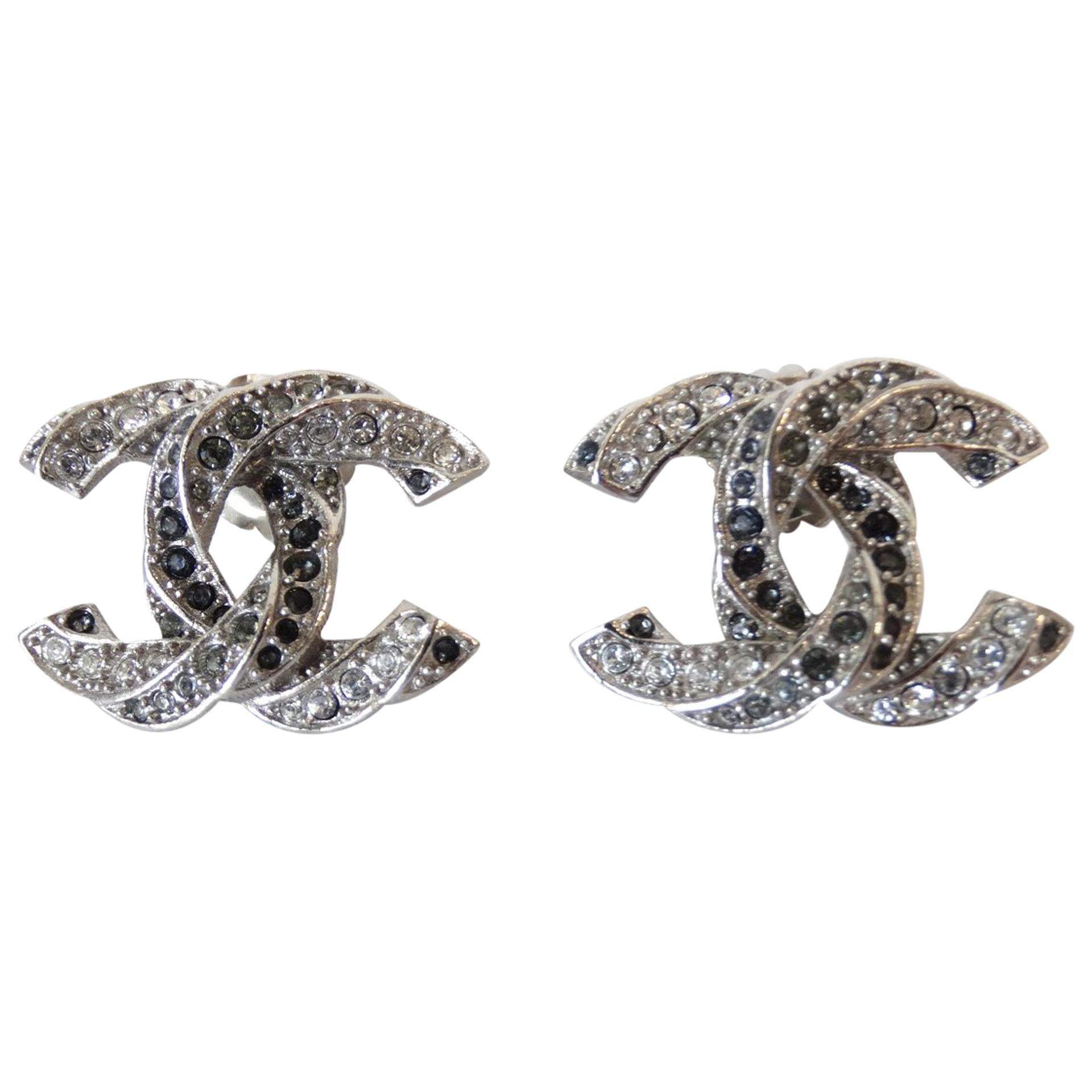 Chanel Black and Crystal Rhinestone CC Earrings