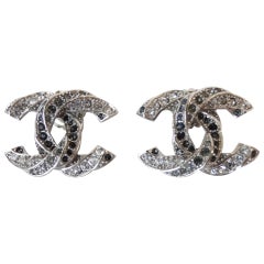 Vintage Chanel Black and Crystal Rhinestone CC Earrings 