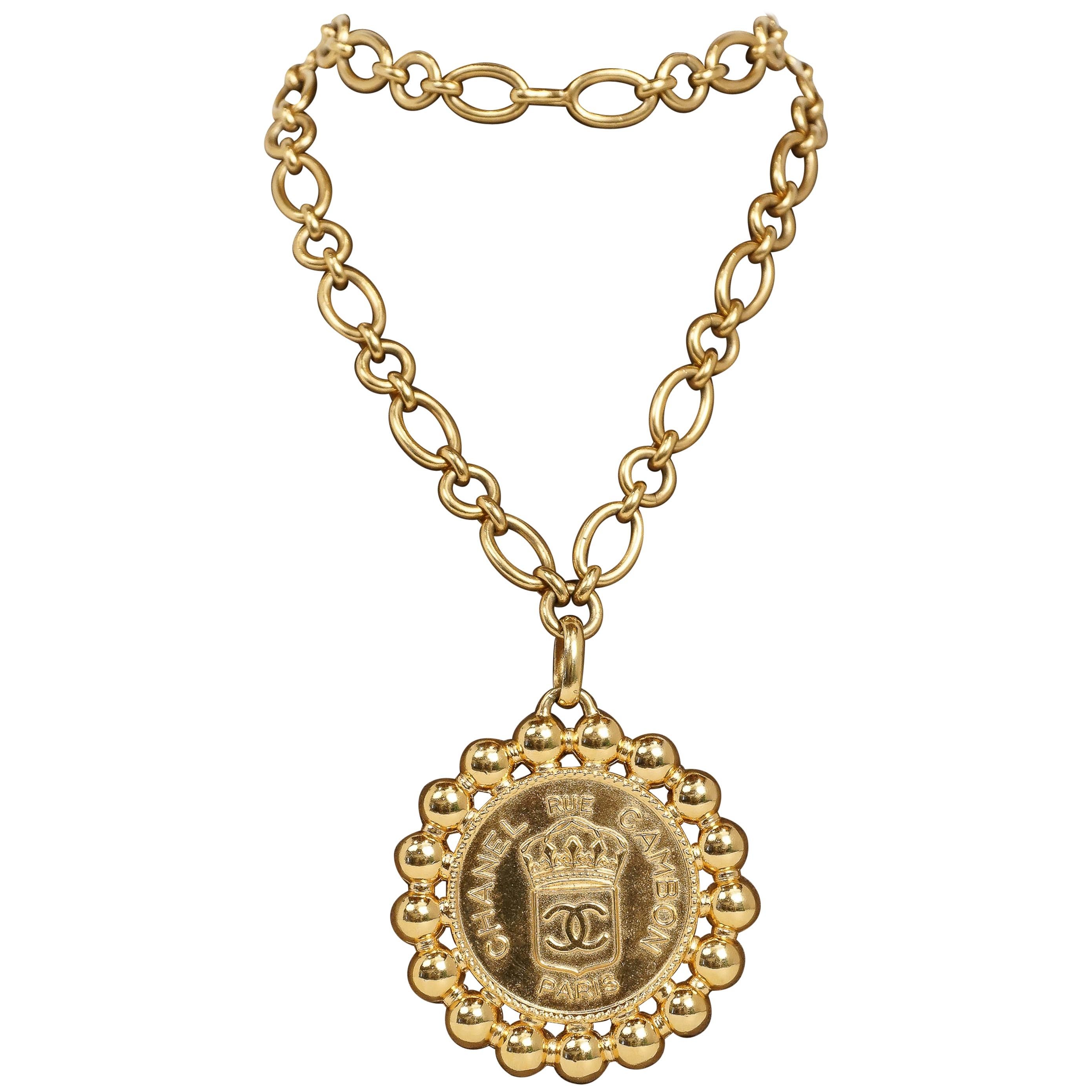 Vintage Chanel Gold Royal Seal Medallion Chain Necklace 1990s