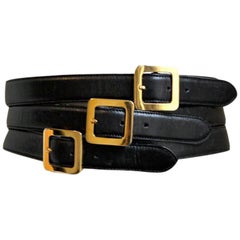 Henri Bendel Italian black leather belt with three buckles