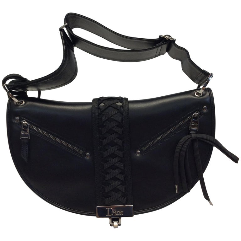Christian Dior Black Leather Saddle Bag with Silver Hardware For Sale