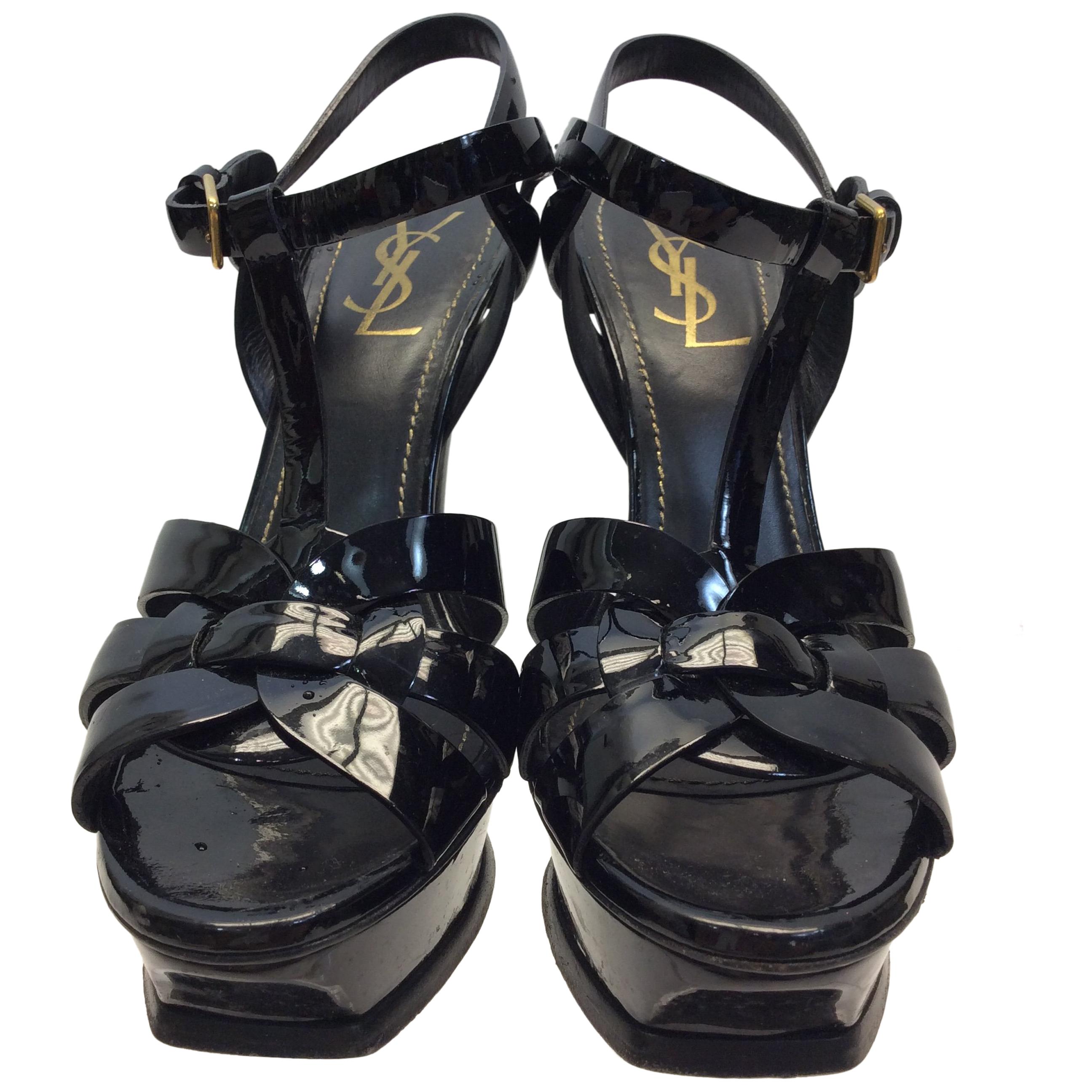 Yves Saint Laurent Black Patent Leather Tribute Heels For Sale